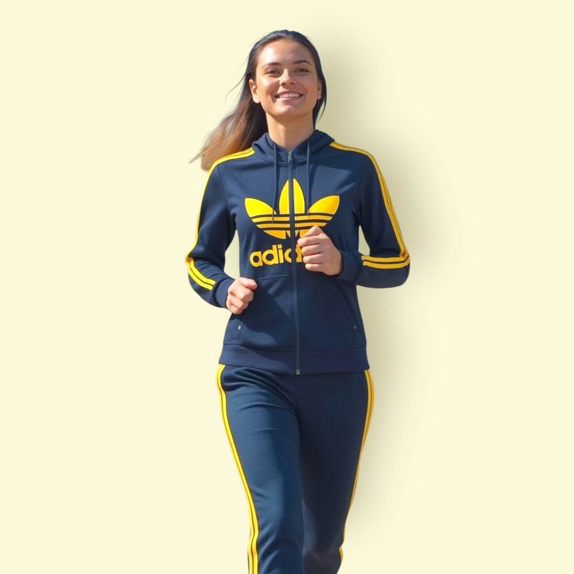 Women's Adidas Tracksuit dark blue with yellow stripes and logo hoodie set for active wear