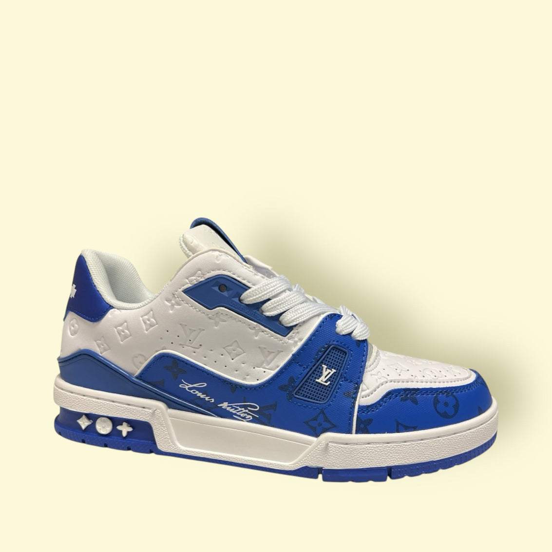 Blue and white LV Trainer sneaker with Louis Vuitton monogram details