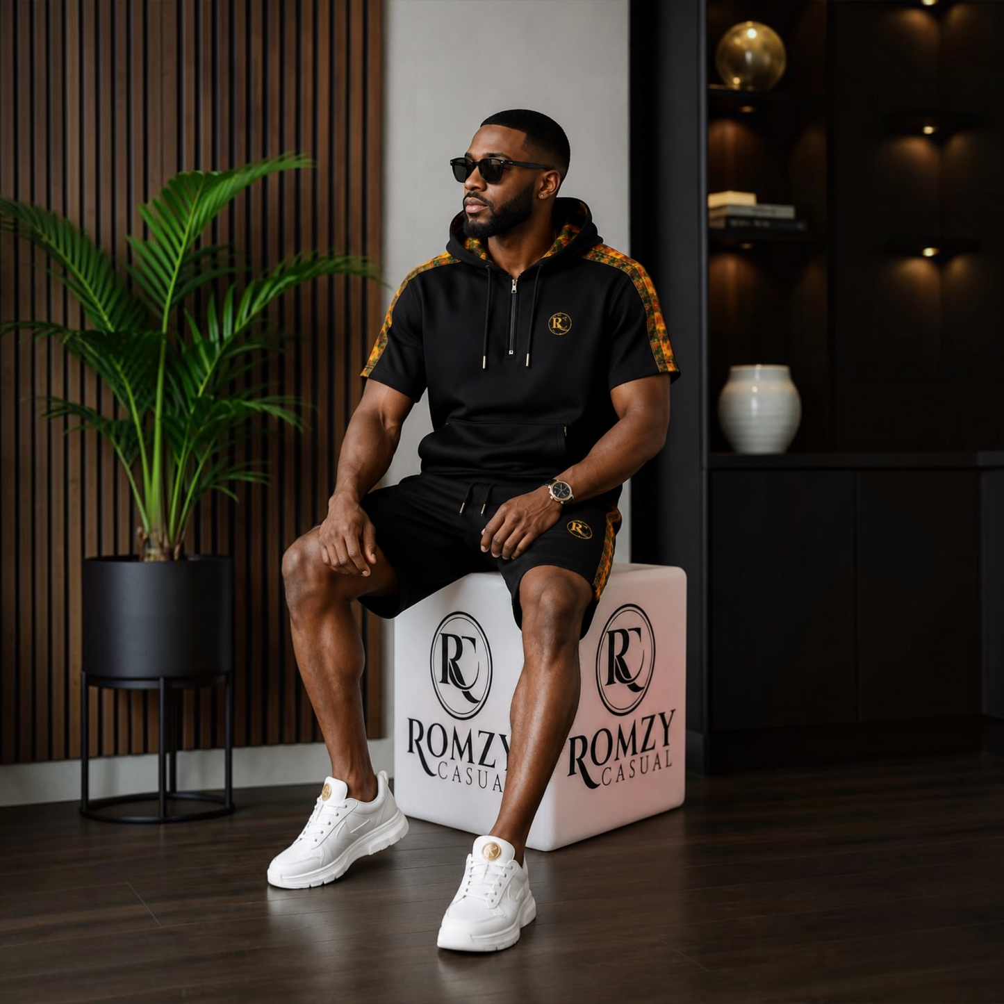 Romzy Casual luxury Black Kente Hoodie & short set Premium Afro streetwear