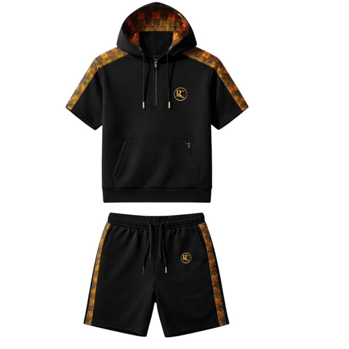 Romzy Casual luxury Black Kente Hoodie & short set Premium Afro streetwear
