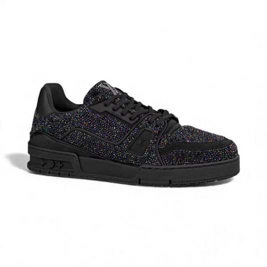 Black LV trainer sneaker embellished with multicolored Swarovski crystals and premium luxury design