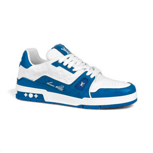 White and blue LV Trainer sneaker with signature Louis Vuitton design elements