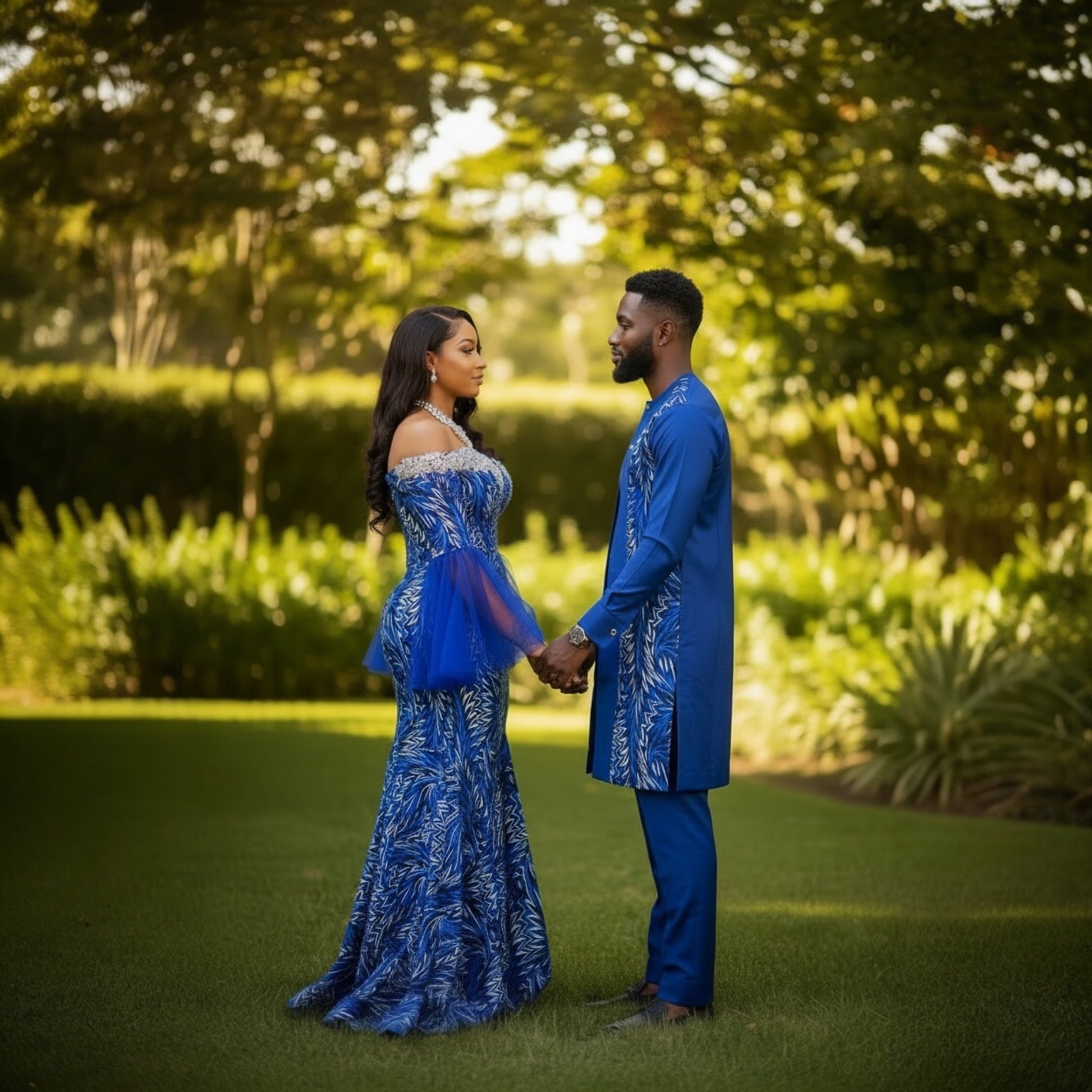 Elegant Royal Indigo Couple Set in luxury blue Ankara fabric for weddings and special events
