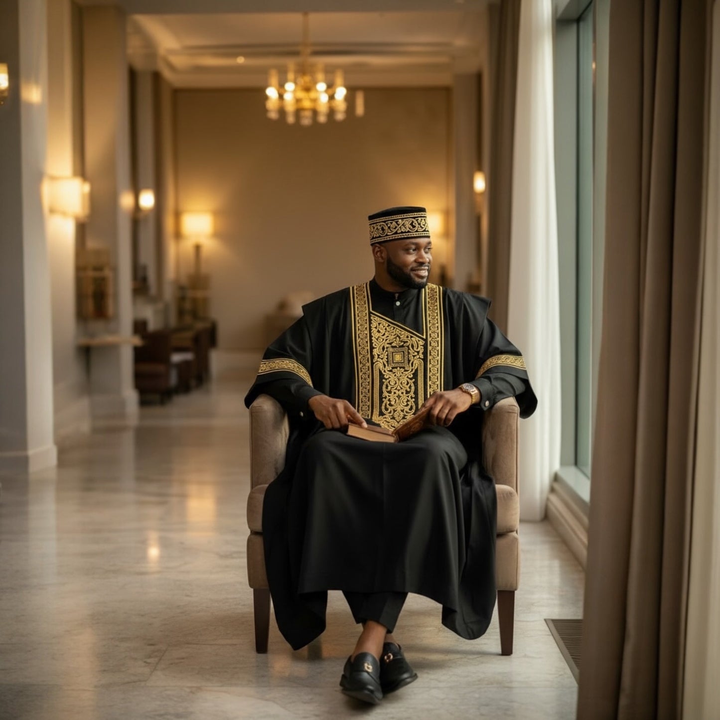 Royal Noir Couple set luxury African agbada and evening dress in black and gold with intricate embroidery