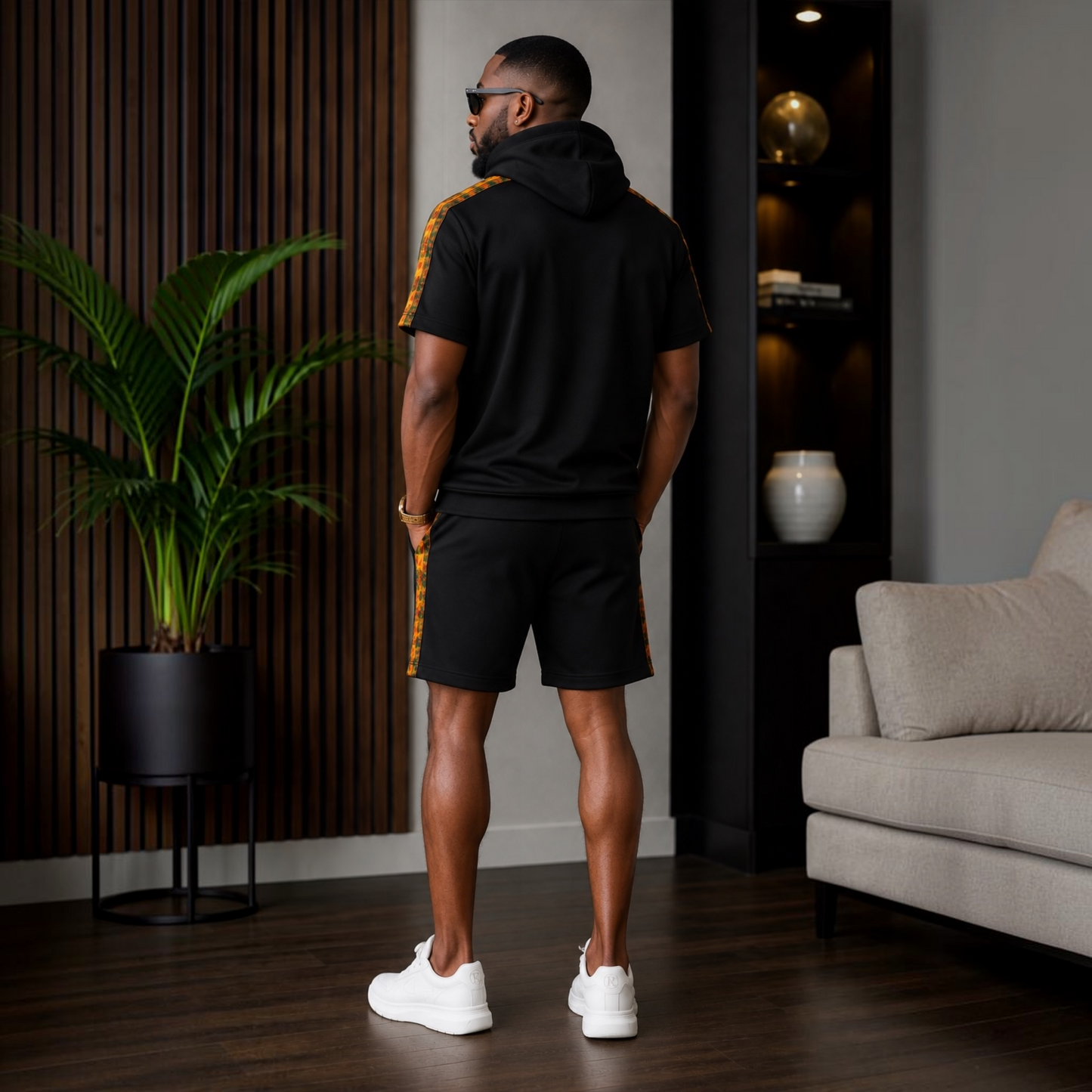 Romzy Casual luxury Black Kente Hoodie & short set Premium Afro streetwear
