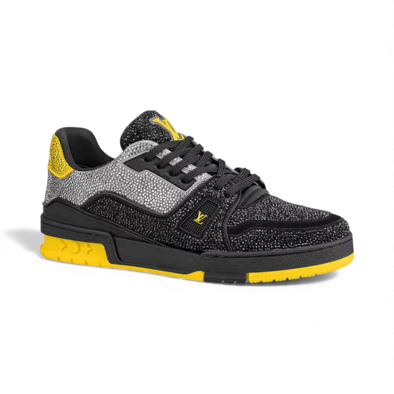 Louis Vuitton Trainer sneaker in black grey yellow with crystal accents