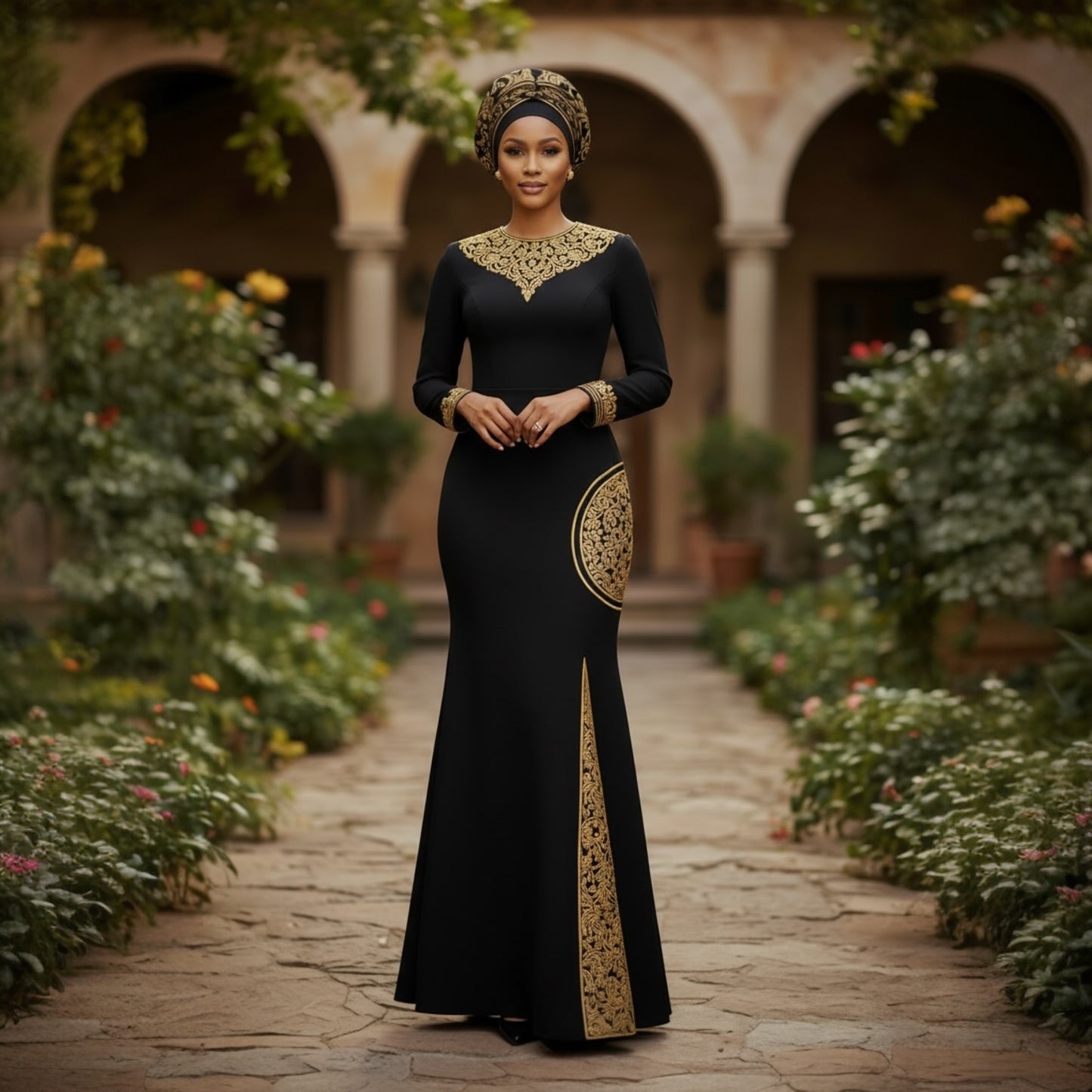 Royal Noir Couple set Luxury African Agbada & Evening Dress(Black & Gold Edition)