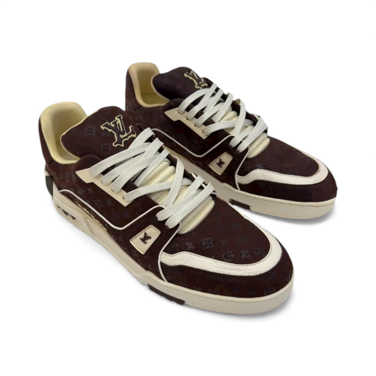 Brown and green LV Trainer Sneakers with white laces and luxury design