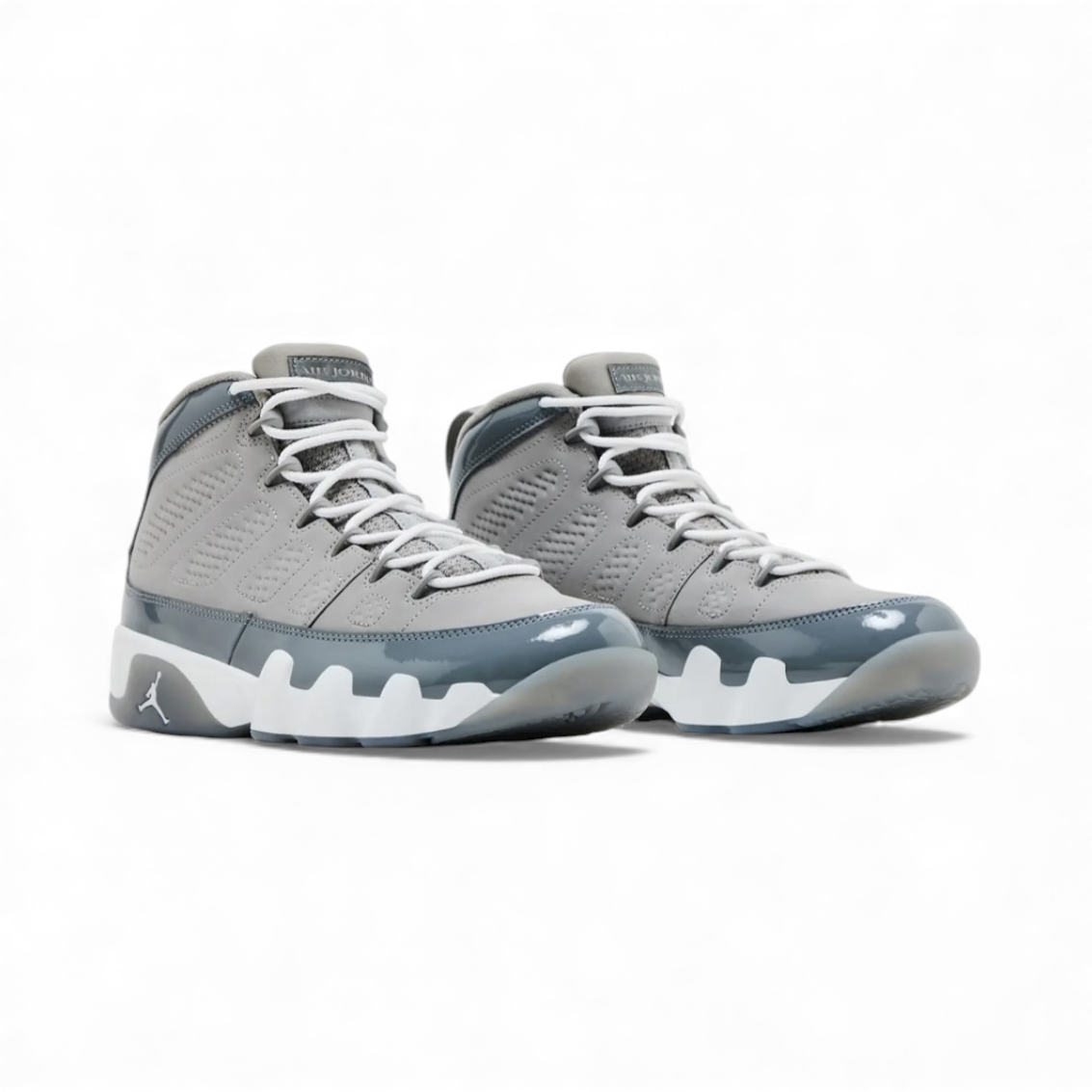 Jordan 9 Retro Cool Grey sneakers with elephant print and cushioned midsole in premium grey colorway