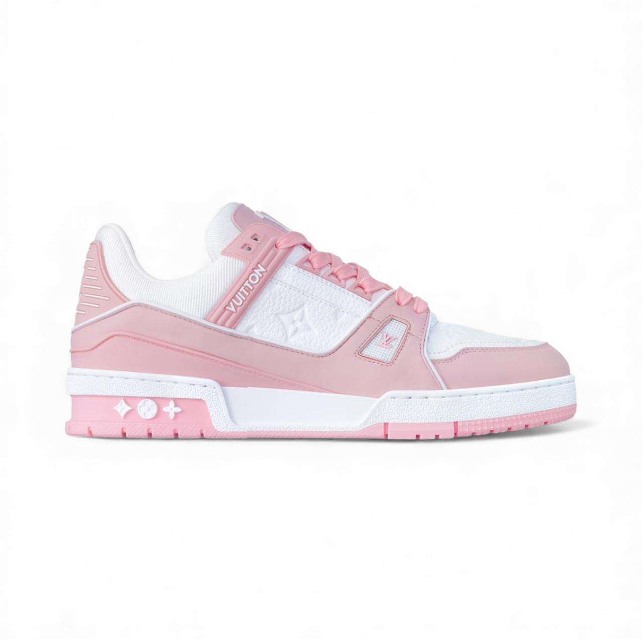 Pink and white LV trainer sneaker for women with signature Louis Vuitton detailing
