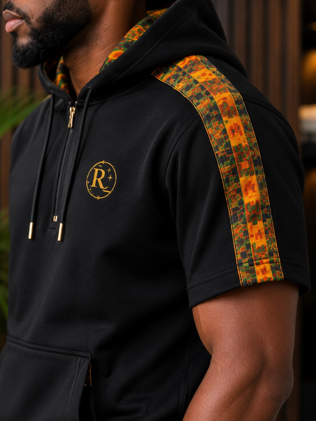 Romzy Casual luxury Black Kente Hoodie & short set Premium Afro streetwear