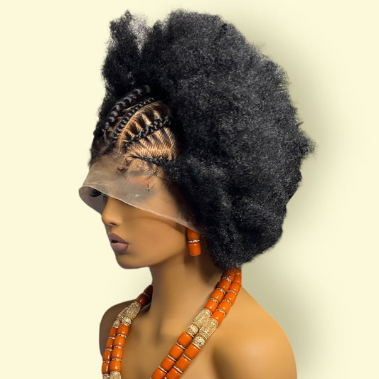 Lace front half synthetic braided wig for afro women with natural hairline and textured volume