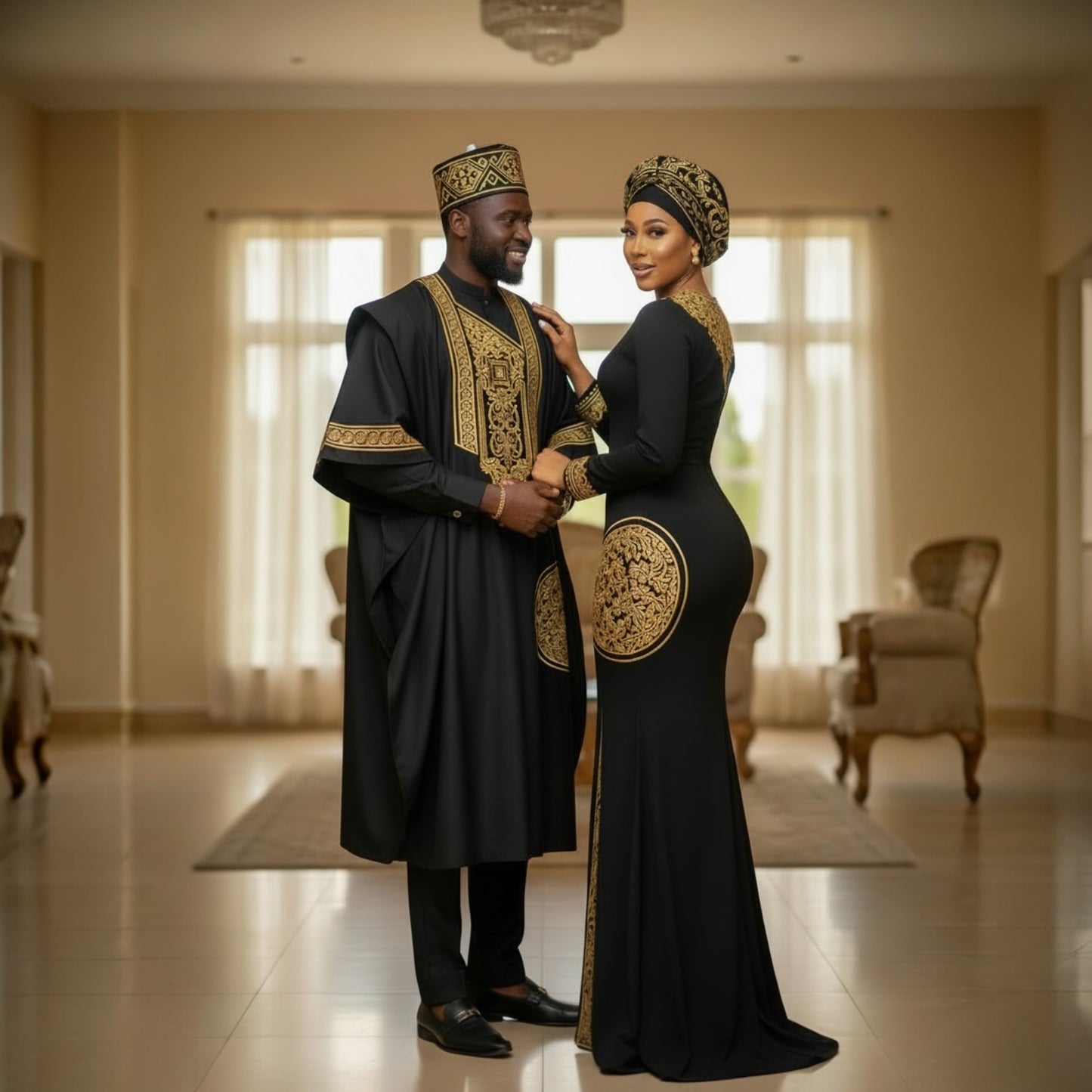 Royal Noir Couple set Luxury African Agbada & Evening Dress(Black & Gold Edition)