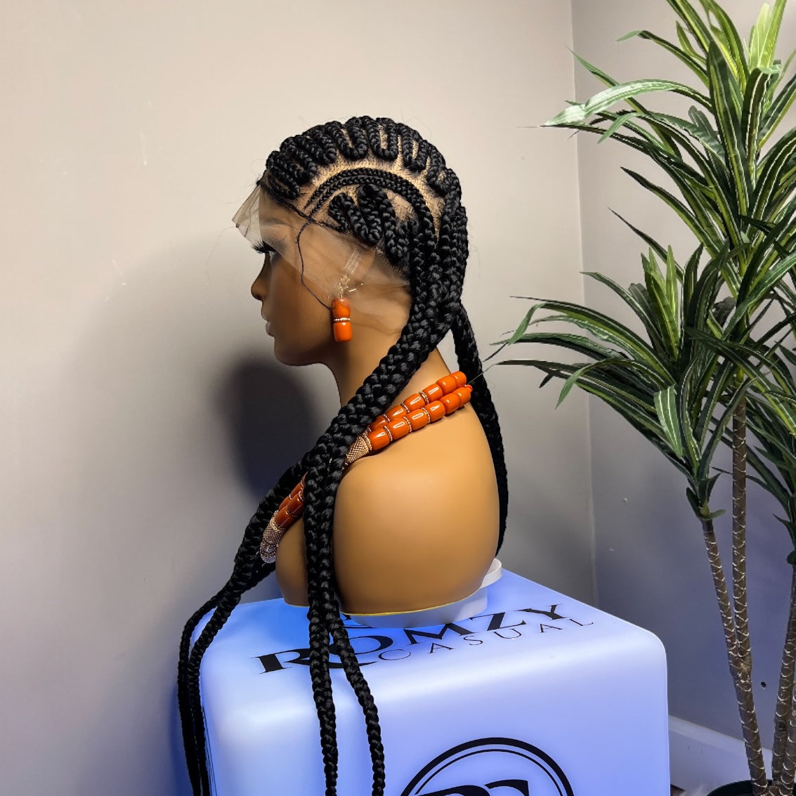 46-inch extra long full lace braided wig on mannequin for Black women with natural hairline and comfortable fit