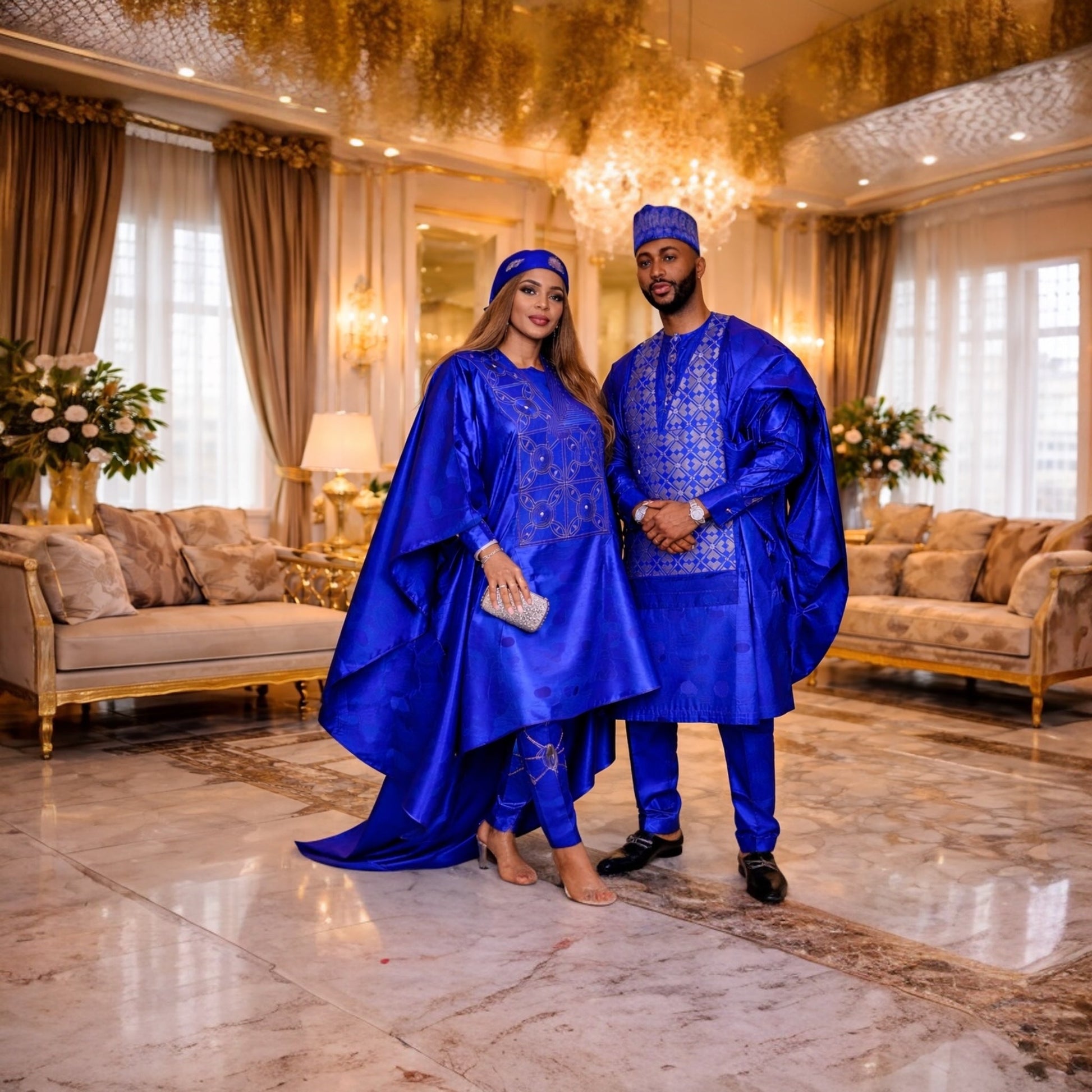 Royal Sapphire Couple Set made-to-order luxury African attire in royal blue with intricate embroidery for weddings and special events