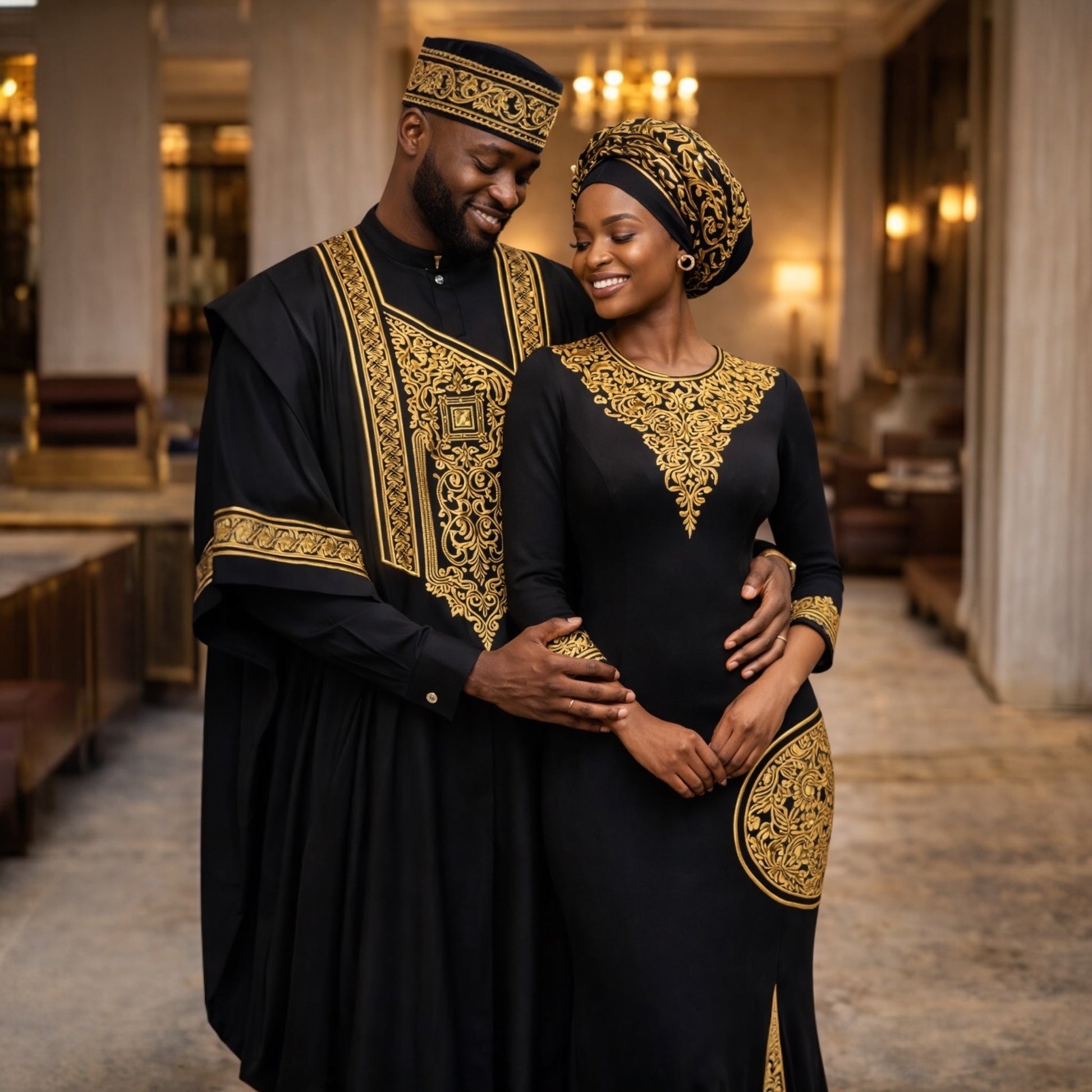 Royal Noir Couple set luxury African Agbada and evening dress in black and gold embroidery