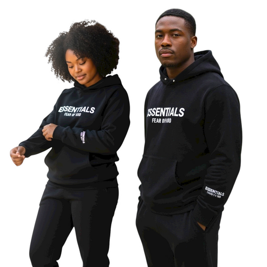 Unisex Fear of God Essentials black oversized hoodie and sweatpants tracksuit set
