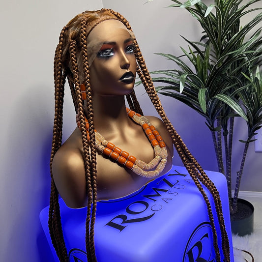 46-inch extra long full lace braided wig on mannequin with natural look and comfortable fit for Black women