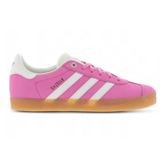 adidas Gazelle Pink Fusion GS sneaker with white stripes and gum sole