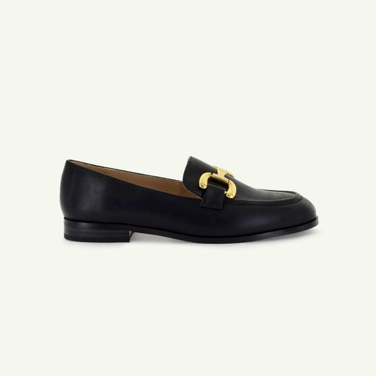 Black Georgina classic loafer with memory foam insole and matte gold bit-buckle detail, faux leather upper and synthetic outsole