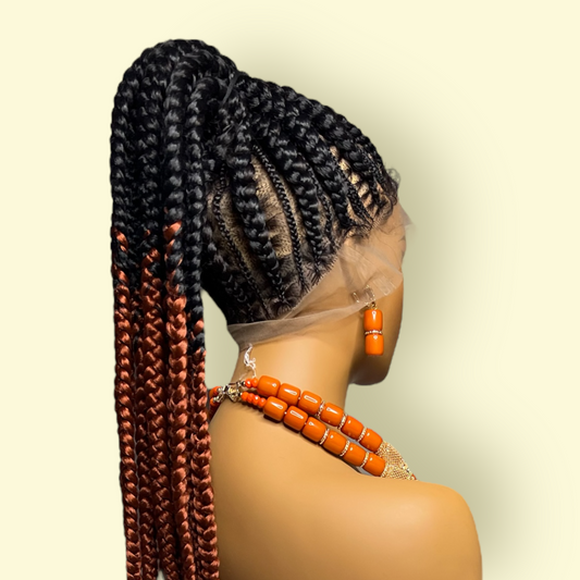 Full lace braided wig with black and brown long braids styled in a high ponytail on a mannequin.