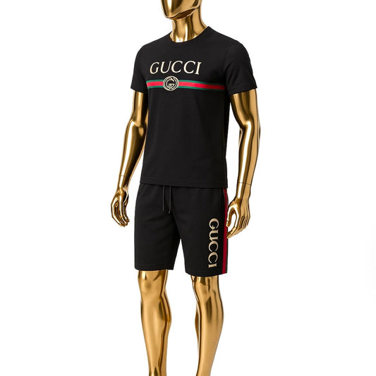 Black GUCCI T-shirt and shorts set with logo and signature green-red-green stripe design