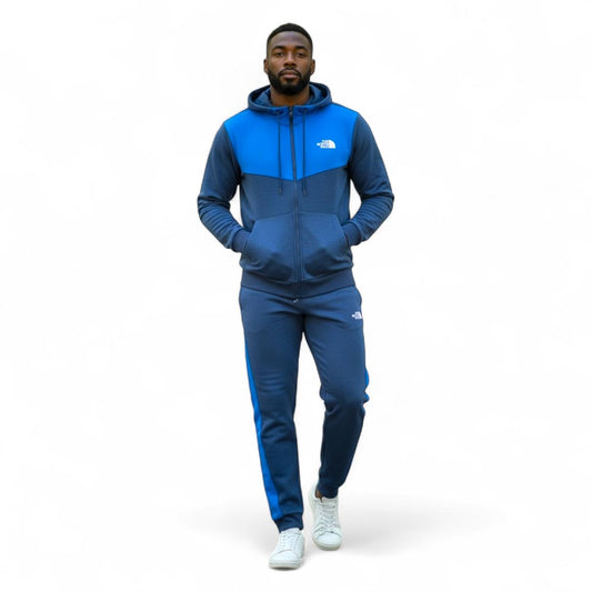 The North Face Tracksuit blue hoodie and pants set for men outdoors