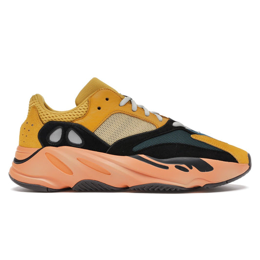 Adidas Yeezy 700 Sun sneaker with mustard yellow, black, and peach design, side view